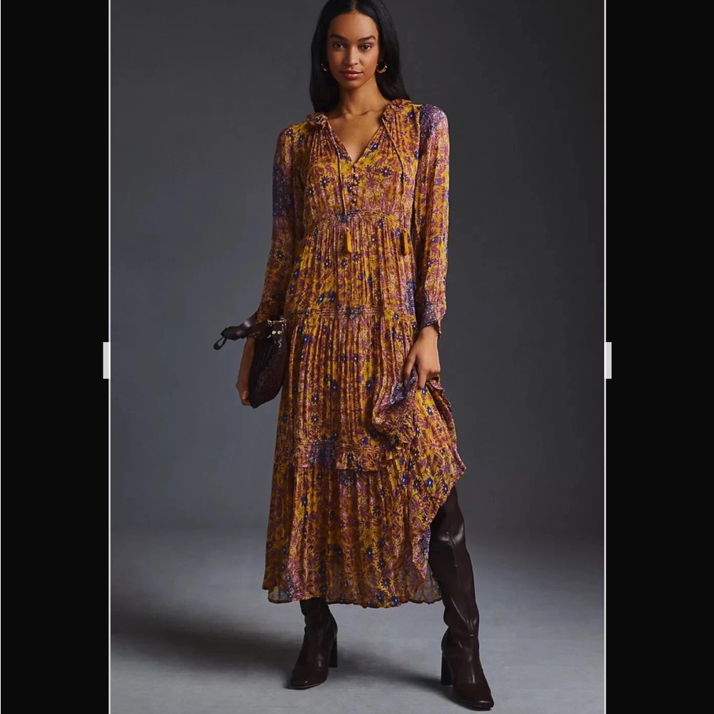 Anthropologie Mustard Purple Floral Tiered Maxi Dress